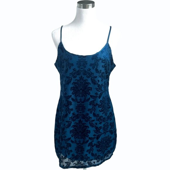 Forever 21 Womens Velvet Baroque Cami Mini Dress Womens XL Blue Burnout Goth - Picture 2 of 14